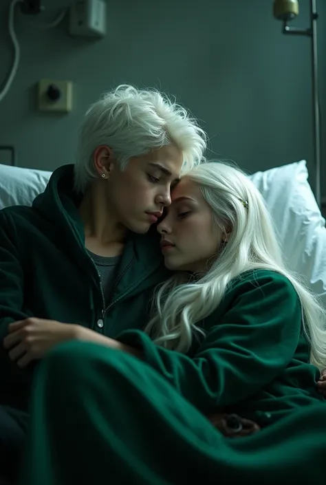 13age ,sexy boy golden snake eyes, white hair, darkness, 4K, sharp focus, dramatic lighting, studio quality, with girl ,slyherin cloak , white long hair, love, epick,broken,light,hospital boy in bed