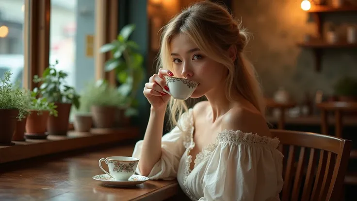 Beautiful young woman sitting alone in a cafe