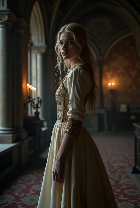 a stunning and beautiful blonde girl inside a castle wearing anne boleyn simple look dresses at very dark night