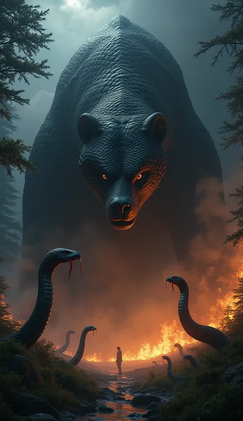 Realistic night forest scene . A huge snake bear, their eyes fixed in a silent stare. The snakes scales were shiny, gleaming in the afternoon sun. The background is a scene of a forest burning with fire, dramatic with trees and several snakes sticking out ...