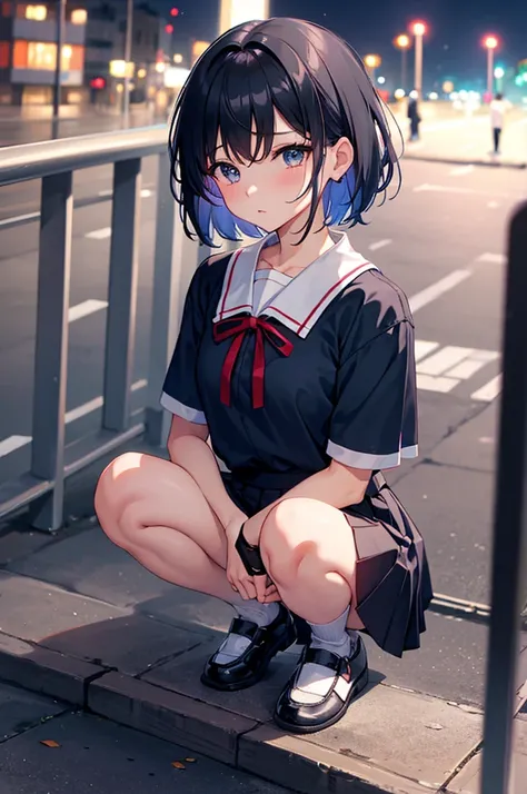 a solo cute boy, sexy boy,traps, short hair, small breast , crossdressing a japan short sleeve high-school uniform ,navy blue short skirt ,black stocking ,wearing a sneaker ,peeing self , seeing a toliet ,squat in in a night city at afternoon time, close-u...