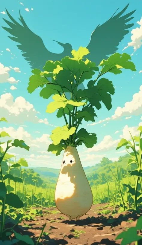 a small daikon on a farm being covered entirely by a giant flying birds silhouette behind it. the bird in the sky covers the bright sunlight. the camera focuses on the daikon, with an extreme wide shot on the daikon to capture the silhouette of the bird. t...