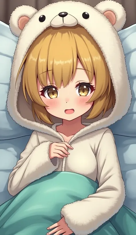  1 girl ,  Grown Ups, bun hair ,Dark yellow hair, hospital bed ,Baggyな服, high definition , masterpiece, accurate,  very detailed,  textured skin, reality, fluffy pajamas, modest breasts, short hair ,White Eyes,Fluffy, costume pajamas ,big hood,Baggy,white ...