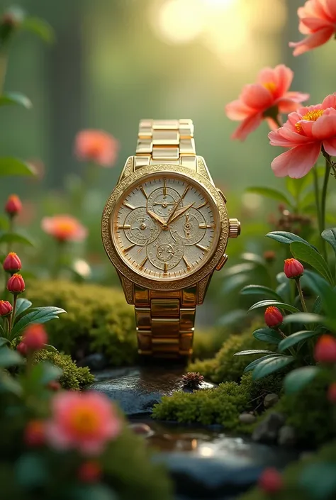 Create a watch in binance logo in a beautiful garden beautiful creation with candle stick chat golden color 