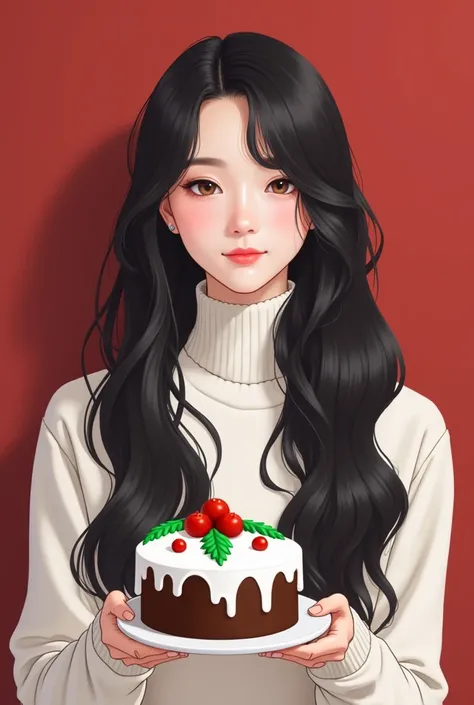       Asian Style、 Korean Style Idol 、 1 cute girl ,        my hair is long   、   my hem is wavy   、   My hair is split in the middle   、 Im holding out a Christmas cake、 Im wearing a white high neck sweater ,    The background is a red wall 、  long hair, ...