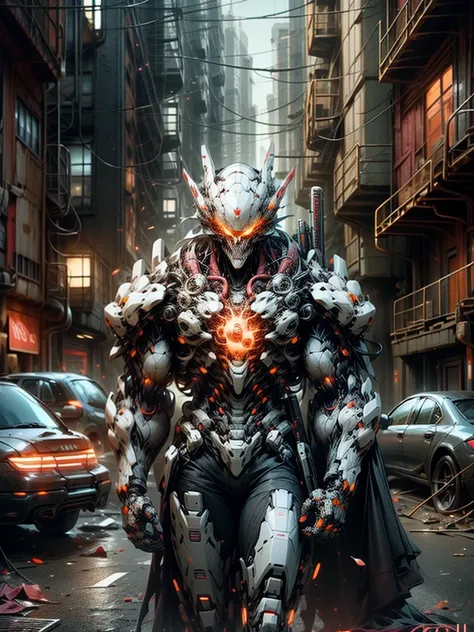 One man, mysterious, big muscular, robot, old materials, glowing eyes, ragged cape, bulky, sniper rifle on back, pistol on waist, walking, in top of building, looking at holographic igh tech map in arm, neon lights, city landscape, 8 skull mark on chest, d...