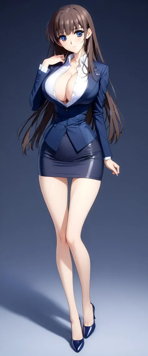 Megumi Kato,  1 girl , Alone, bangs,  brown hair, (((Female lawyer, ( formal suit micro mini skirt that shows only a little bit of crotch,  High Waist Micro Mini Pencil Skirt ),  white shirt,   Navy Blue Jacket,Big Breasts、 cleavage、Thin legs)))、 perfect b...