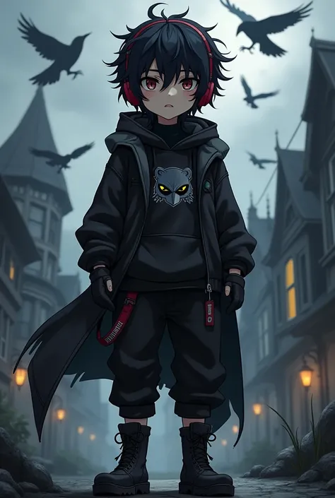 Boy with black curly hair, wearing red headphones,  wearing a black shirt with a black sweatshirt with a black sweatshirt raven mask black pants with combat boots, In the background a town with dark landscapes and flying crows like anime 