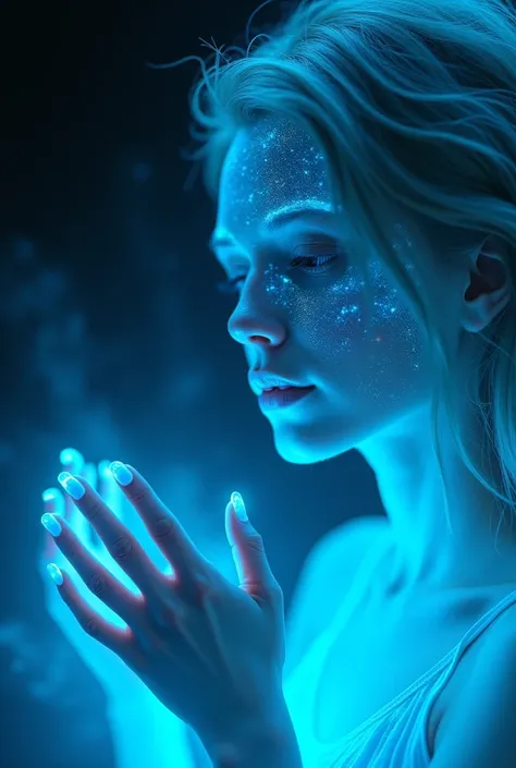 Frontal，The intelligence of virtual blue light emitting， touching the cheek