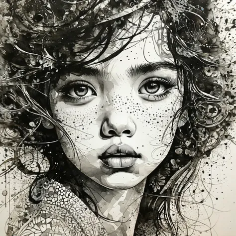 realism, detail, ink drawing, exquisite texture depiction, one girls head, detailed eyes,  watch the viewer, abundance of negative space, emphasis on spatial awareness,top quality, masterpiece