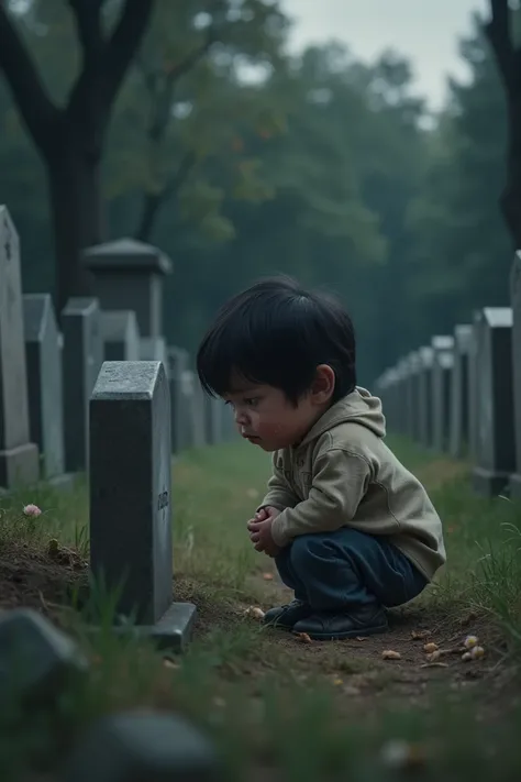 a little  is crying at his parents grave