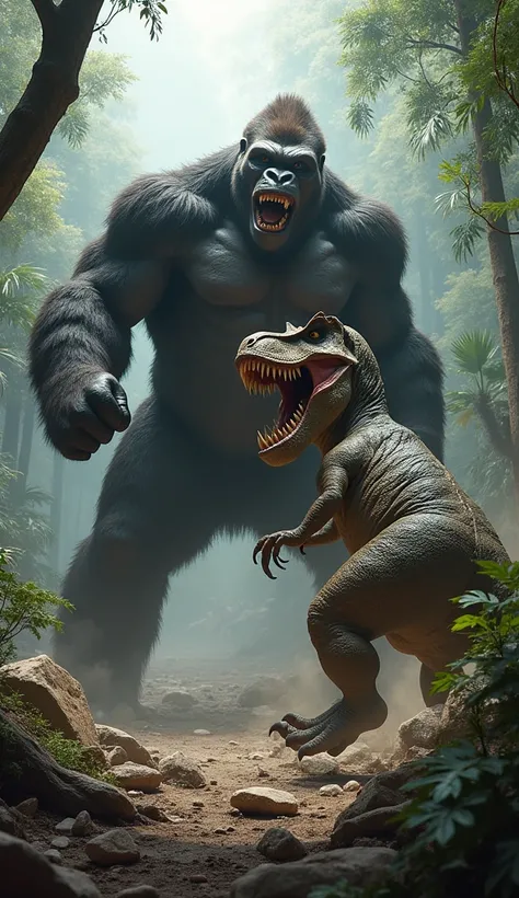 "Create an epic battle scene between a massive gorilla and a towering dinosaur in a dense, prehistoric jungle. The gorilla, incredibly muscular and enraged, is standing upright, swinging powerful fists at the dinosaur. The dinosaur, a ferocious T-Rex with ...