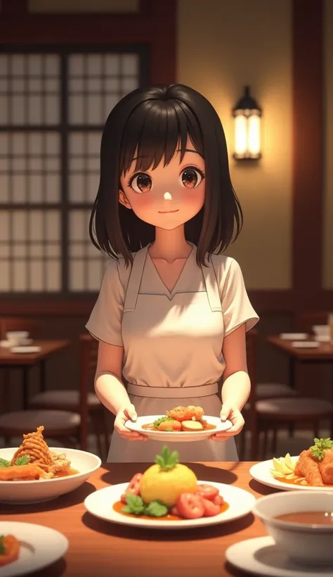 One girl standing about dinner table 3d animation style anime serve the food