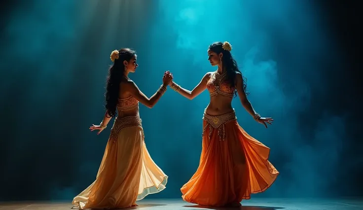 
((Best quality))), ((Masterpiece))), (minute details), 2 beautiful Indian dancers belly dance, wearing golden accessories and belly dancer clothes, dark background and blue smoke in the back, a serious look, 8K, a masterpiece, the best quality, photograph...