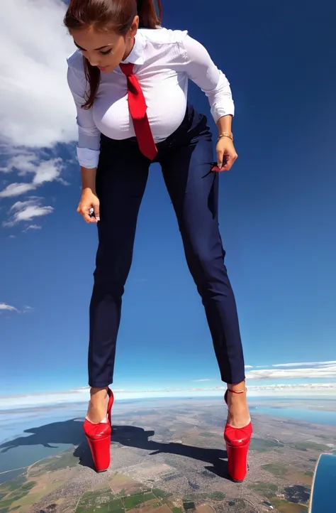 Giga Giantess art 1:4, highly detailed giga giantess shots, ginger bbw white woman full body view, giga giantess, giga giantess so massive the world is very small to her, huge breasts, light navy blue pinstriped 3 piece suit with trouser and blazer, white ...