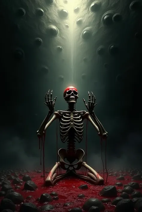 "A hauntingly dark scene where the surroundings are pitch-black, revealing only countless watchful eyes across the void, all fixated on a single skull. The skeleton kneels in agony, its bony hands outstretched upward in a pleading gesture, as though beggin...