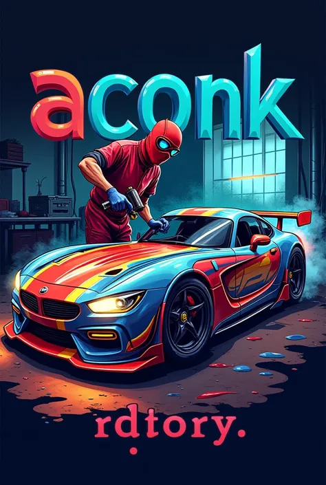  Logo animated car painting ,  with the name ACONK VICTORY"  there is a spraygun and a car . The man is wearing a mask 