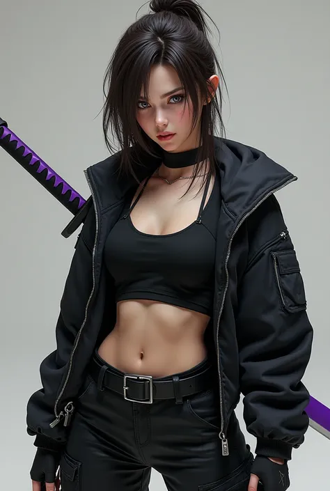  ×Here is the figure of a girl 23 years old  , her height is 178 , position on her black crop top ,  over an oversized black zippered jacket,  to plow ,  elbow-length sleeves for katanas  ,  The glove has a continuation under the sleeves of the sweater ,  ...