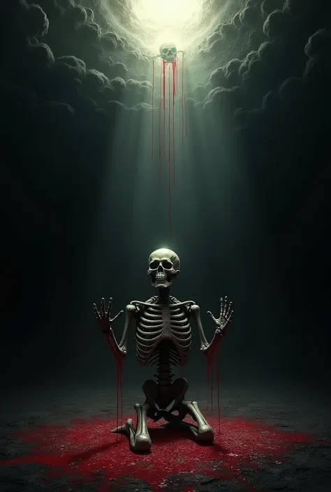 "A hauntingly dark scene where the surroundings are pitch-black, revealing only countless watchful eyes across the void, all fixated on a single skull. The skeleton kneels in agony, its bony hands outstretched upward in a pleading gesture, as though beggin...