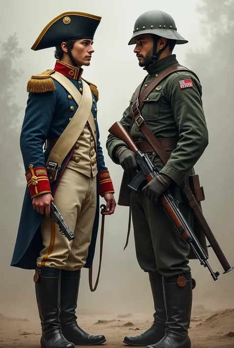 ((Napoleonic Wars)) A young guard, holding a pistol, stands next to a soldier holding a Kalashnikov rifle. 