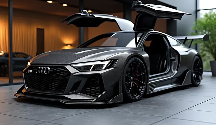 A STUNNING 2025 AUDI RS3 WITH HEAVY CARBONFIBER BODYKITS COLOR BLACK CAR IN SHOWROOM WITH OPEN DOORS 