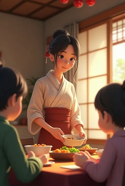 One wife standing about the dinner table 3d animation Anime serve the food