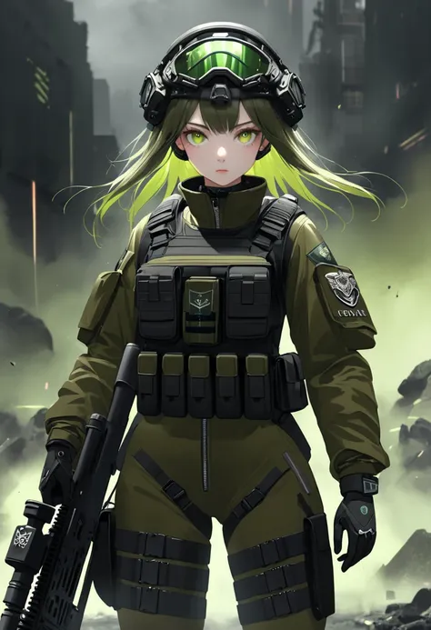 highly detailed and dynamic illustration of a girl dressed in advanced tactical gear inspired by elite special forces. teenage. Her outfit includes a sleek, futuristic military uniform with a custom helmet, night vision goggles, and lightweight body armor,...