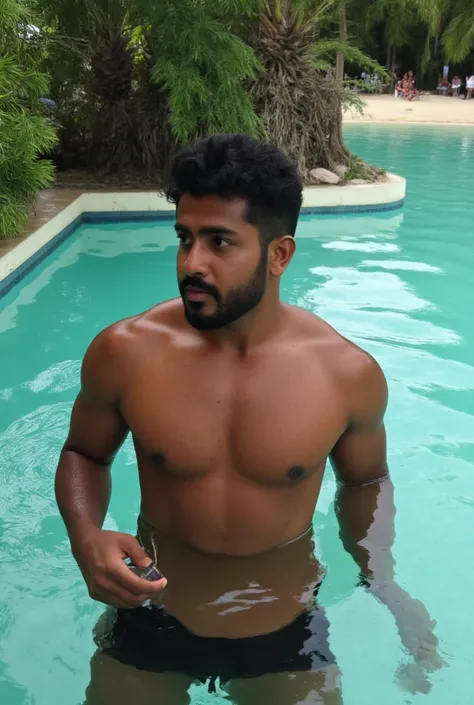 Indian tamil hot adult brown handsome man with hot muscular oily wet body wear fit underwear looks sexy face in the beach with sexy body lying in the beach sea water nude body show ass dick