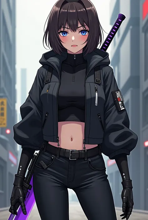  ×Here is the figure of a girl 23 years old  , her height is 178 , position on her black crop top ,  over an oversized black zippered jacket,  to plow ,  elbow-length sleeves for katanas  ,  The glove has a continuation under the sleeves of the sweater ,  ...