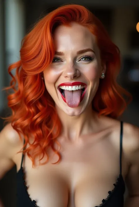  30-year-old red-haired woman looking straight at the camera with an excited face,with her mouth open and sticking out her tongue and who also has very large breasts  