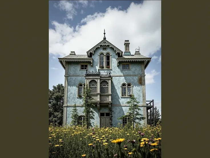 An old Victorian-style wooden house in the middle of a flower field