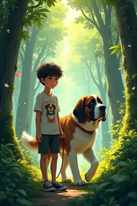 rint hai
A boy is in the forest, he has a Saint Bernard dog, the dog has a leash on his neck and a leash is in the boys hand, the boy has a body, the dog is smart, the dog has a very dangerous nose, the dog has an open mouth, David Karol Bach print on the ...