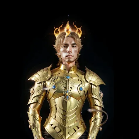 A beautiful boy from saint seiya, Golden armor with friezes, (((sword and flames theme of friezes))), sapphyres, Blue light effects, blonde with Blue yes and ear Rings, ultra realistic, uhd, 8 k, masterpiece