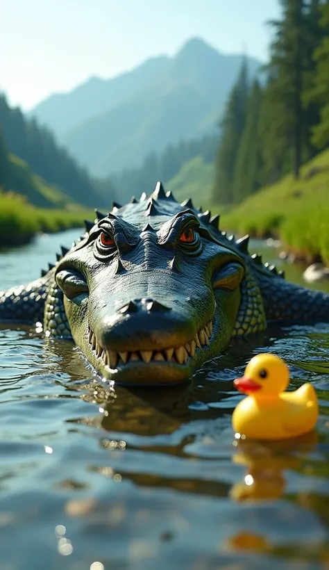 cinematic close-up photo of a crocodile monster bathing, rubbing its body in a clear river, rural area with beautiful valley views, there is a yellow rubber duck toy for bathing friends