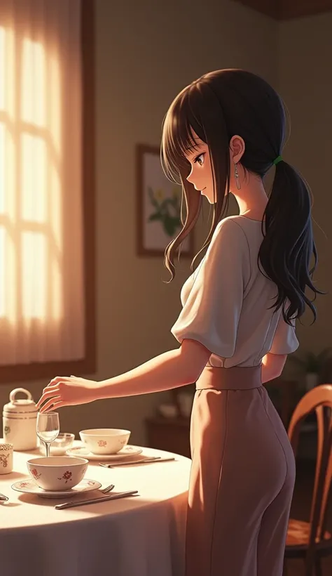 One wife standing about the dinner table 3d animation realistic Anime serve the food with out ren 