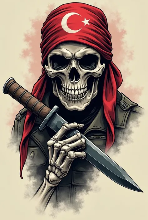 A skeleton skull tattoo model holding a commando knife in her hand, wearing a Turkish special operations bandanna on her head and looking towards her.