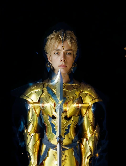 A beautiful boy from saint seiya, Golden armor with friezes, (((sword and flames theme of friezes))), sapphyres, Blue light effects, blonde with Blue yes and ear Rings, ultra realistic, uhd, 8 k, masterpiece