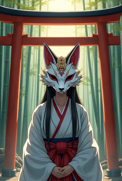 Traditional Japanese fox mask and torii、 bamboo forest in the background 。 Japanese shrine maiden with fox mask。Illustration like the photo 。 best quality。accurate。