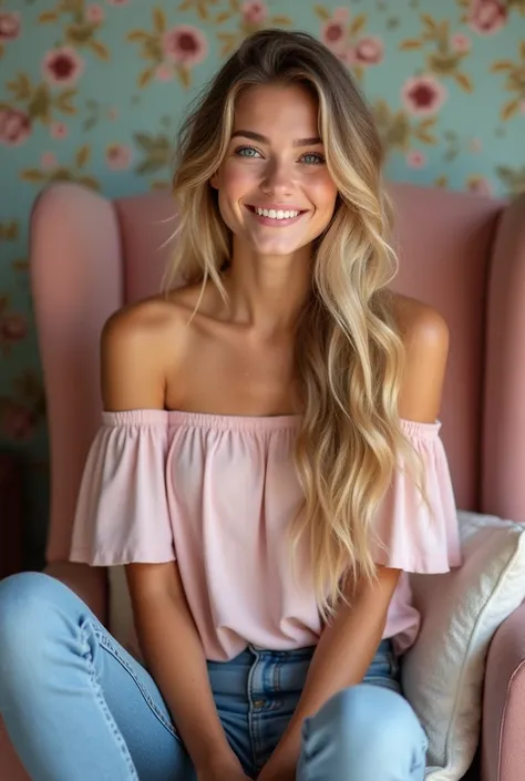 A stunningly realistic depiction of a young woman sitting gracefully. She has long, wavy blonde hair cascading over her shoulders and neckline, bright blue eyes, and a warm, inviting smile. She is wearing a light pink off-the-shoulder blouse and jeans, sea...