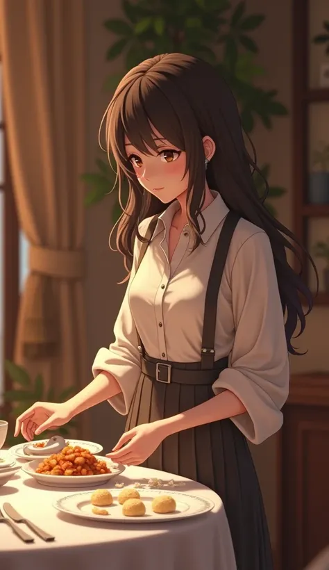 One wife standing about the dinner table 3d animation realistic Anime serve the food with out ren 