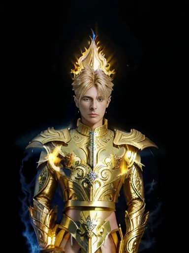 A beautiful boy from saint seiya, Golden armor with friezes, (((sword and flames theme of friezes))), sapphyres, Blue light effects, blonde with Blue yes and ear Rings, ultra realistic, uhd, 8 k, masterpiece