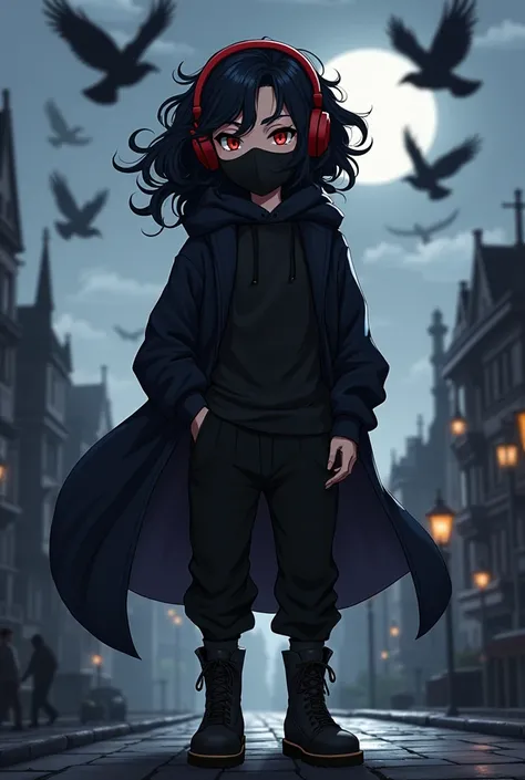 Boy with long curly hair color black , wearing red headphones,  wearing a black t-shirt with a black sweatshirt raven mask black pants with combat boots, In the background a town with dark landscapes and flying crows like anime 