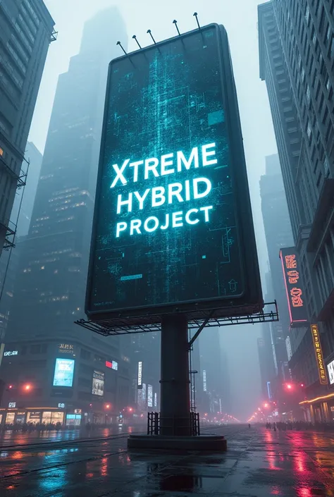 Imagine a main billboard written [XTREME HYBRID PROJECT] in cyberpunk style 