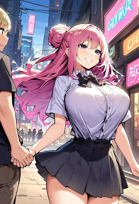  cyberpunk city , street, Evening, neon light, neon sign,  masterpiece ,  better quality , highres, Actually, YEAH.,huge boobs,2girls,1 ,A boys back , black bow,black bowtie,blonde hair,bow,bowtie,breasts,hair bun, Holding hands ,interlaced fingers,long ha...