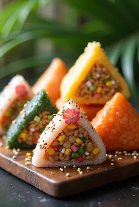 Onigiri is usually filled with rice and meat. I want to innovate by making onigiri segitiga filled with Balinese mixed rice. Please create a REALISTIC version.
make them a lot
