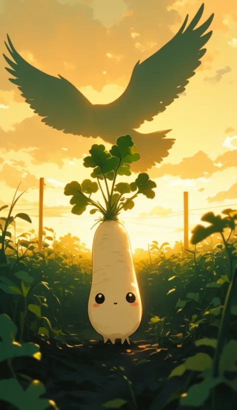 a small daikon on a farm being covered entirely by a giant flying birds silhouette behind it. the bird in the sky covers the sunlight, causing everything in the foreground to be dark. the camera focuses on the daikon, with an extreme wide shot on the daiko...