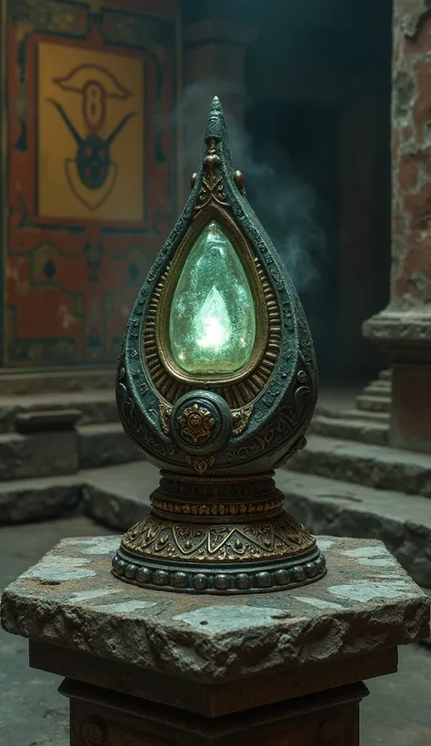 An ancient artifact resting on a stone pedestal within a dimly lit temple, appearing as a tool for prophecy or an ancient weapon. The artifact is adorned with intricate metallic engravings, glowing runes, and a crystal core radiating a faint, otherworldly ...