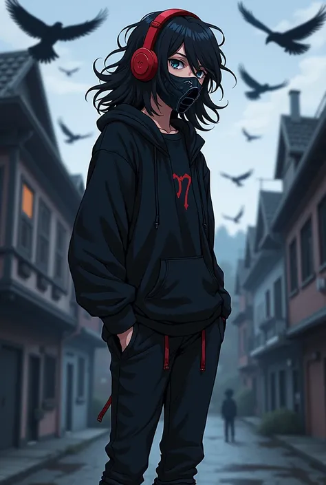 Boy with long curly hair color black , wearing red headphones,  wearing a black t-shirt with a black sweatshirt raven mask black pants with combat boots, In the background a town with dark landscapes and flying crows like anime 