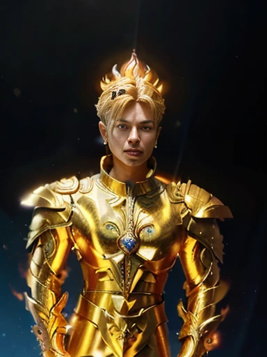 A beautiful boy from saint seiya, Golden armor with friezes, (((sword and flames theme of friezes))), sapphyres, Blue light effects, blonde with Blue yes and ear Rings, ultra realistic, uhd, 8 k, masterpiece