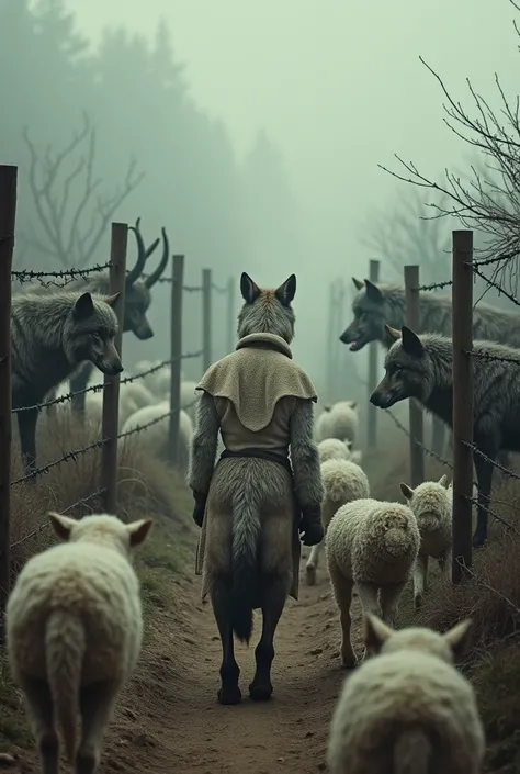 Image of a camp opposing a herd of wolf to a herd of lamb separated by barbed wire and in the center a wolf in sheeps clothing approaching the two territories with the message ( Trust can lead to a fall so be wise )